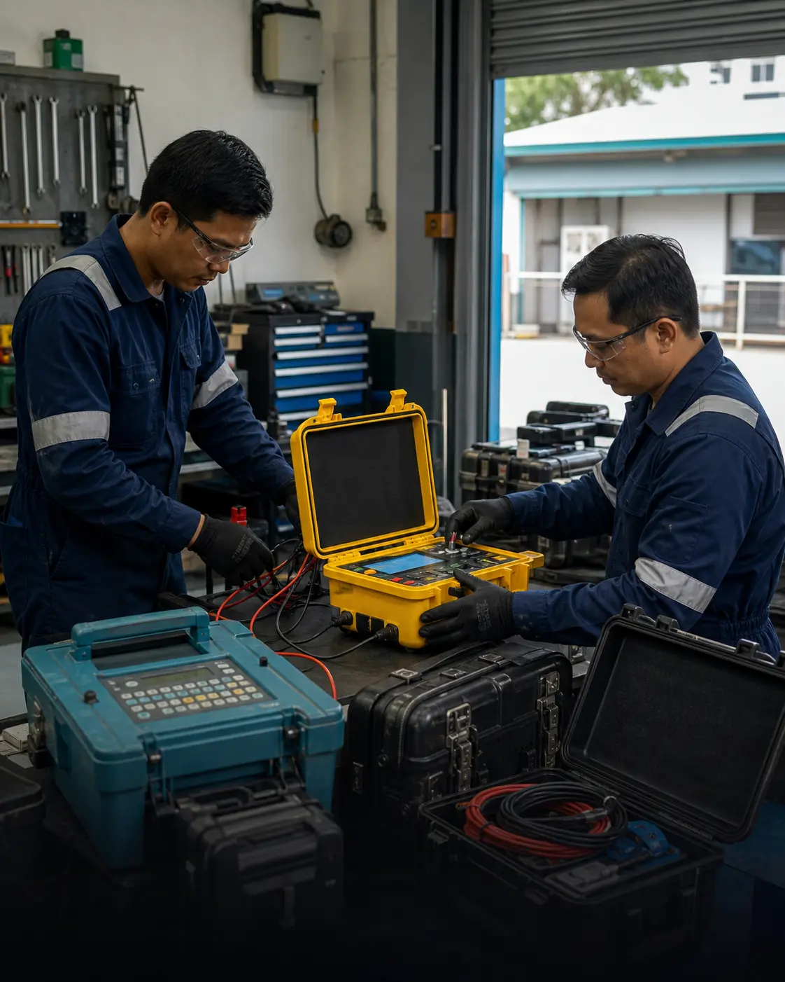 Marine engineering technicians preparing calibrated field-testing equipment in a practical workshop