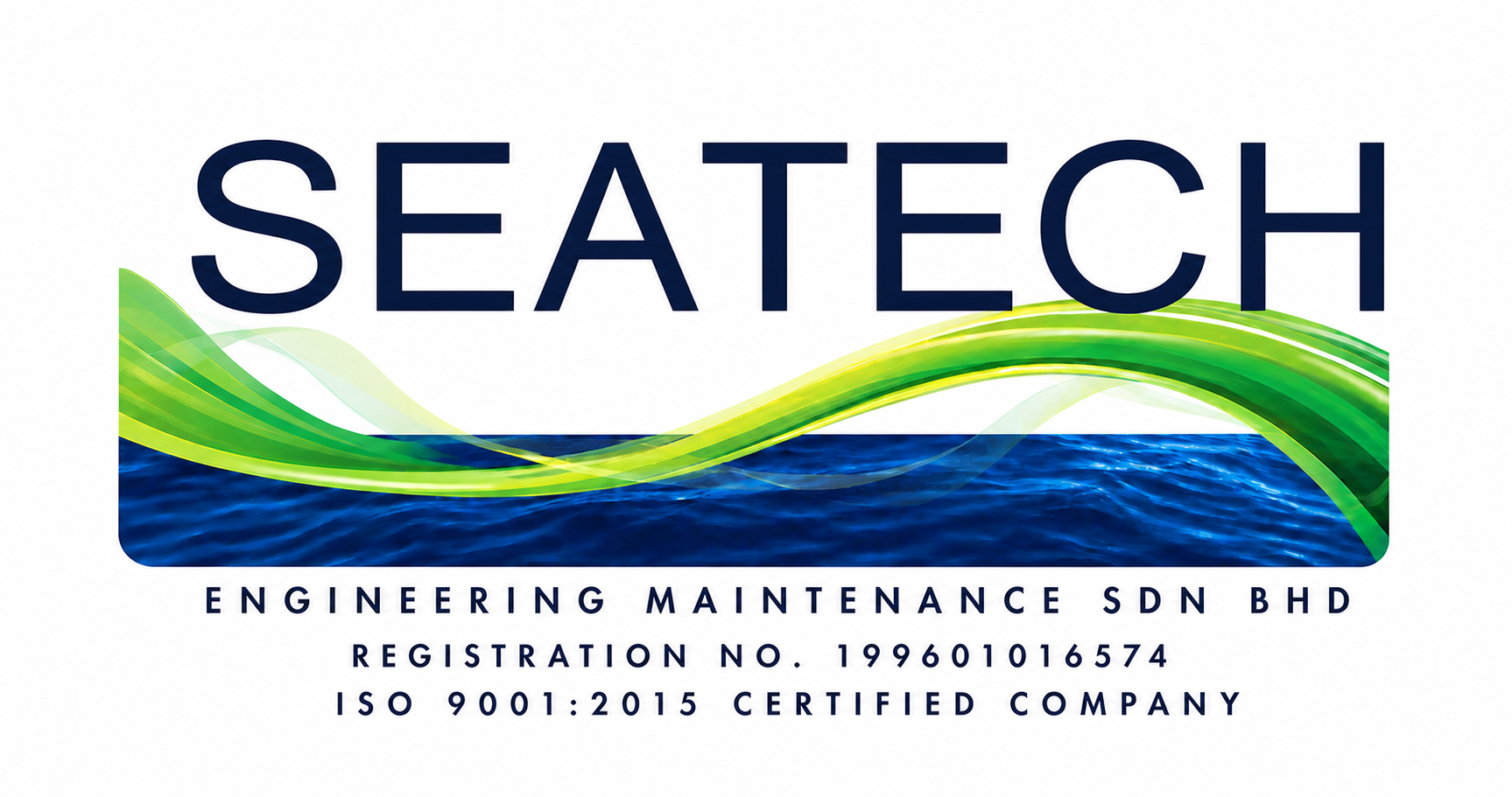 Seatech Engineering Maintenance Sdn Bhd, registration number 199601016574, ISO 9001:2015 certified company logo on white background